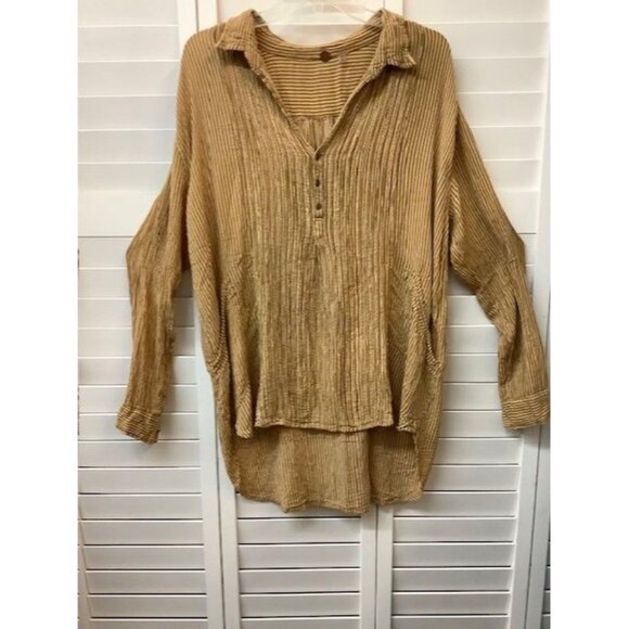Free People FP One Tan Oversized Textured Striped Button-Down Shirt M/L - Picture 1 of 3
